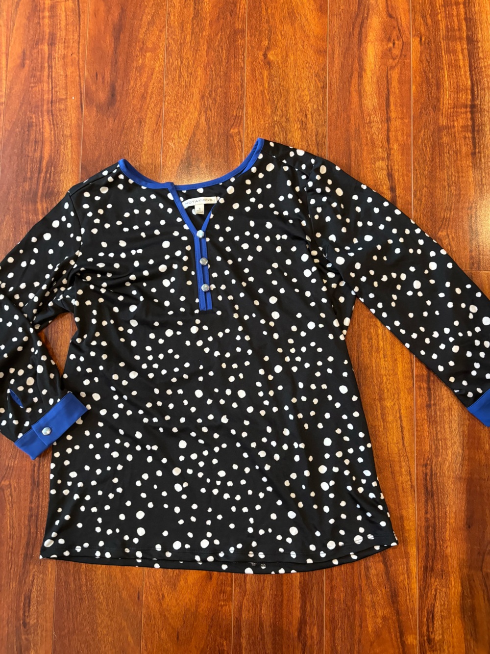 Notations Black and White Polka Dot Tunic with Blue Trim